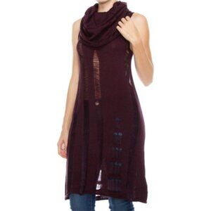 Luxe Burgundy Cowl Neck Tunic Sweater Heavily Distressed Sleeveless Size S